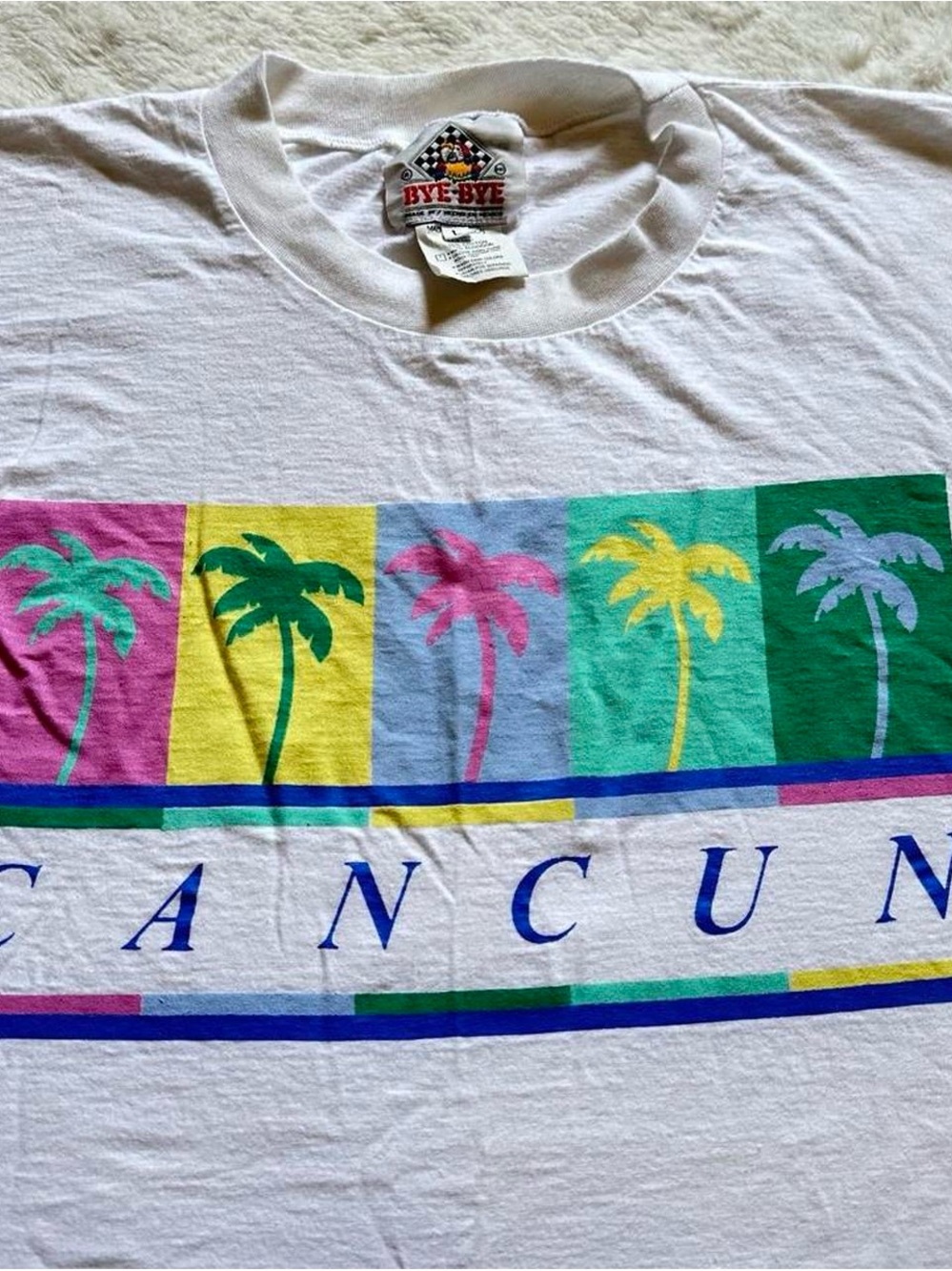 Vintage 1990s Bye-Bye Cancun Palm Graphic Tee - White with Multicolor Palms L